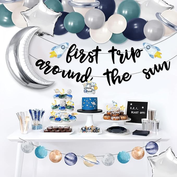 First trip Around the Sun Birthday Decorations -58pcs Outer Space 1st Birthday Banner First Trip Around the Sun Cake Toppers Solar System Party Balloons for Galaxy Party Supplies set