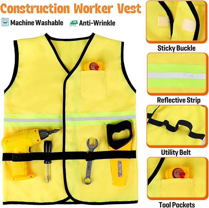Construction Worker Costume for Kids, Toddler Dress Up Clothes with Kids Tool Set, Construction Vest & Hat, Helmet Light, Electric Drill, Toddler Costumes Pretend Play Toys for Boys Gift Age 4+