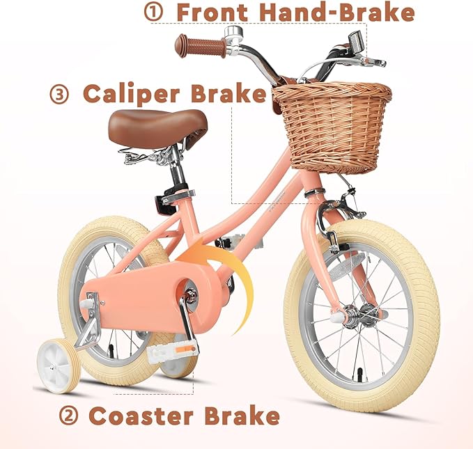 Petimini Vintage Kids Bike for Girls, 12–20 Inch Classic Bicycle with Wicker Basket & Bell, High Tensile Steel Frame, Training Wheels (12–18”), 85% Pre-Assembled, Retro Bike for Outdoor Riding