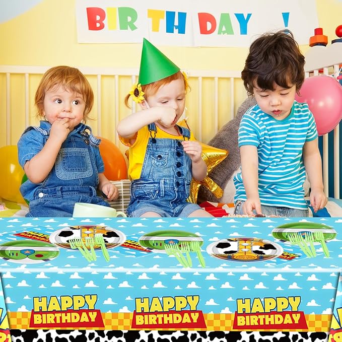Cartoon Story Party Tableware Set, Blue Sky White Cloud Cow Tablecloth, Toy Theme Birthday Party Tableware Set
