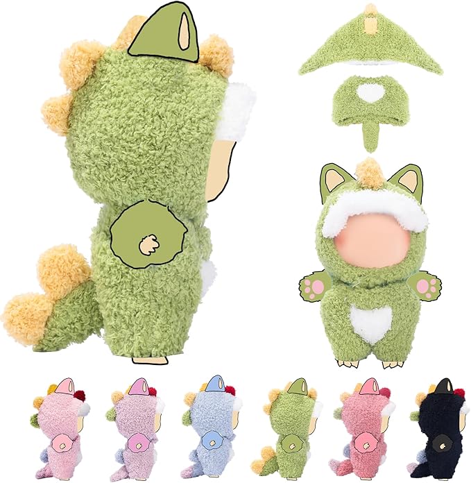 Clothes for LABUBU 17cm Doll (NO Dolls), Dinosaur Outfit for LABUBU, Dino Dolls Keychain Accessories, Faking Animal Style Outfit Jumpsuit Dinosaur Costume for Dolls (Green)