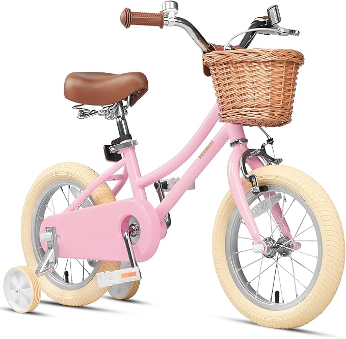 Petimini Vintage Kids Bike for Girls, 12–20 Inch Classic Bicycle with Wicker Basket & Bell, High Tensile Steel Frame, Training Wheels (12–18”), 85% Pre-Assembled, Retro Bike for Outdoor Riding