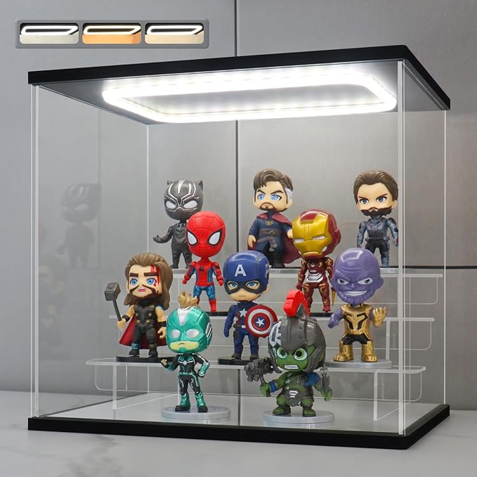 Clear Acrylic Display Case with Light 4 Tier Display Storage Box Assembly Dustproof Showcase for Collectibles Action Figures(Black, 12.0*8.9*10.9inch)
