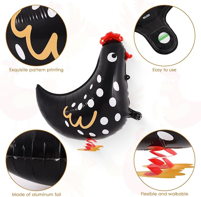 6 PCS Walking Chicken Balloons, Aluminum Foil Chicken Party Decorations White and Black Chicken Walking Balloons for Birthday Baby Shower Farm Animal Theme Party, 20 Inch