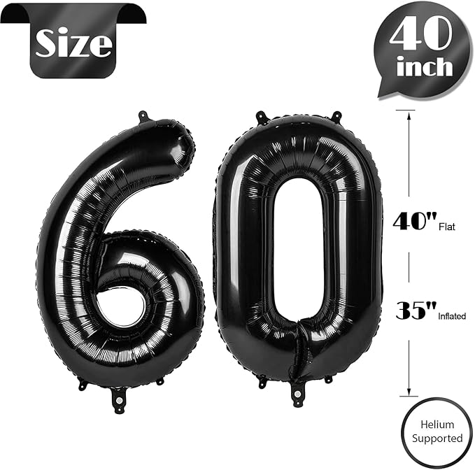 Black Number 60 Balloon 40 inch, 60 Number Balloons, 60th Black Birthday Decorations, 60 Year Old Women Men Party Supplies