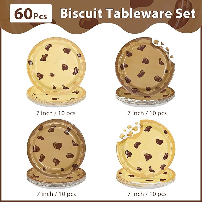 60 Pcs Milk and Cookies Paper Plates 7" Disposable Heavy Duty Chocolate Chip Cookie Dessert Paper Plates Biscuit Theme Party Tableware Set for Kids Birthday Baby Shower Party Decorations Supplies