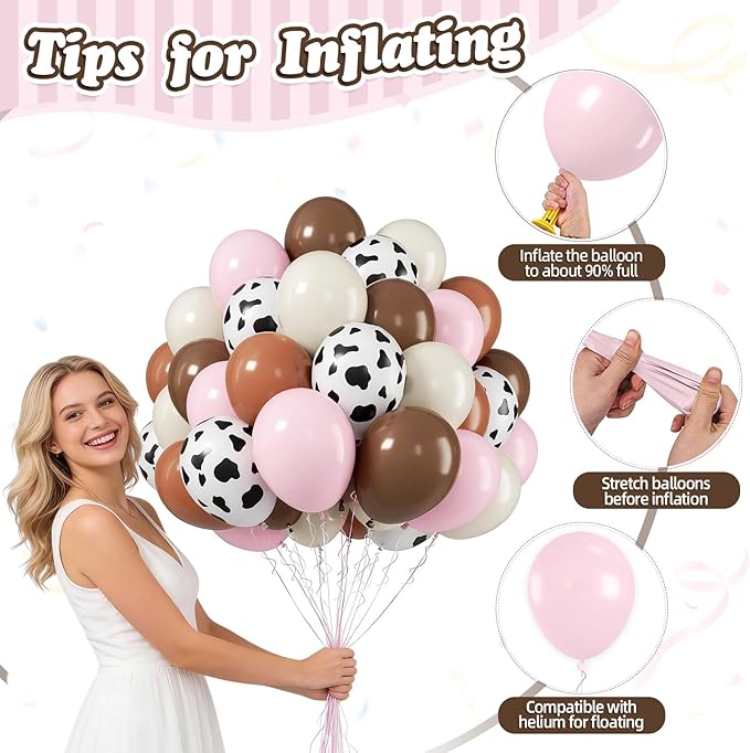 FunHot Pink Cow Balloons, 50 Pcs Pink Brown Balloon, Cowgirl Balloons, 12 Inch Ivory Cow Printed Helium Balloon for Birthday Girls Baby Shower Cow Themed Western Farm Rodeo Cowgirl Party Decorations