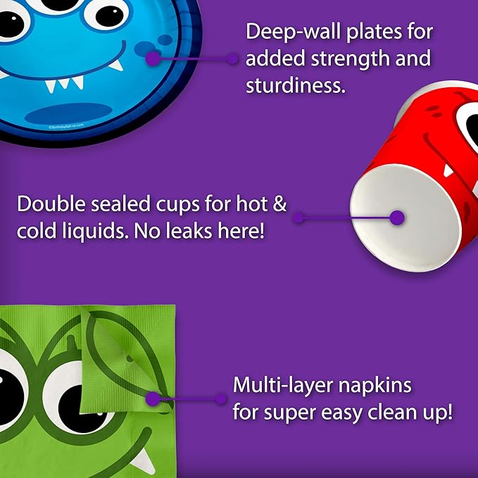Mighty Monster Birthday Party Supplies Set Plates Napkins Cups Tableware Kit for 16