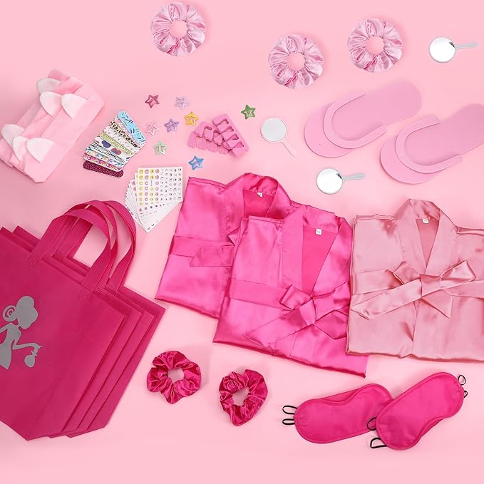 122 Pcs Pink, Hot Pink Girls Spa Party Kit, 10-Pack Slumber Party Favors with Satin Robes, Tote Bags, and Nail Salon Accessories for Kids Spa Birthday, Halloween, Home Party Supplies