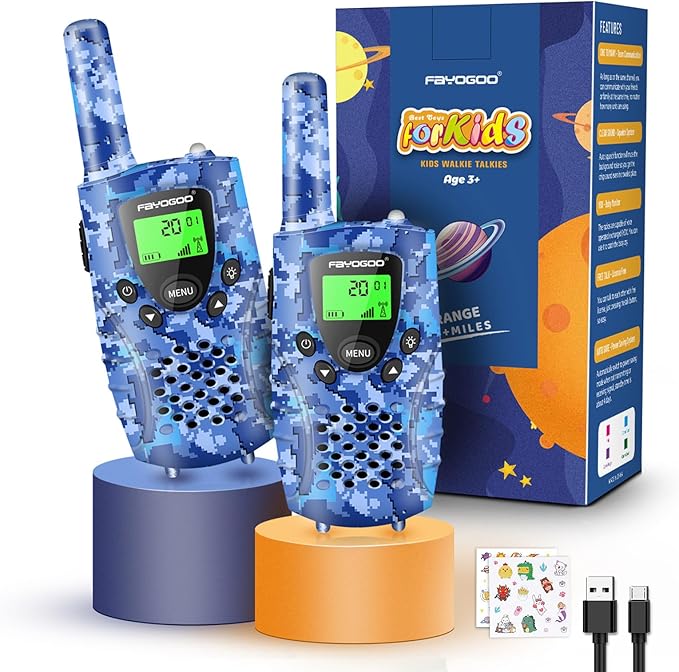 FAYOGOO 2 Pack Walkie Talkies for Kids Long Range 4 Miles,Kids Walkie Talkies with Flashlight, Christmas Birthday Toys Gifts Ideas Present for 3-12 Year Old Boys Girls (Blue)