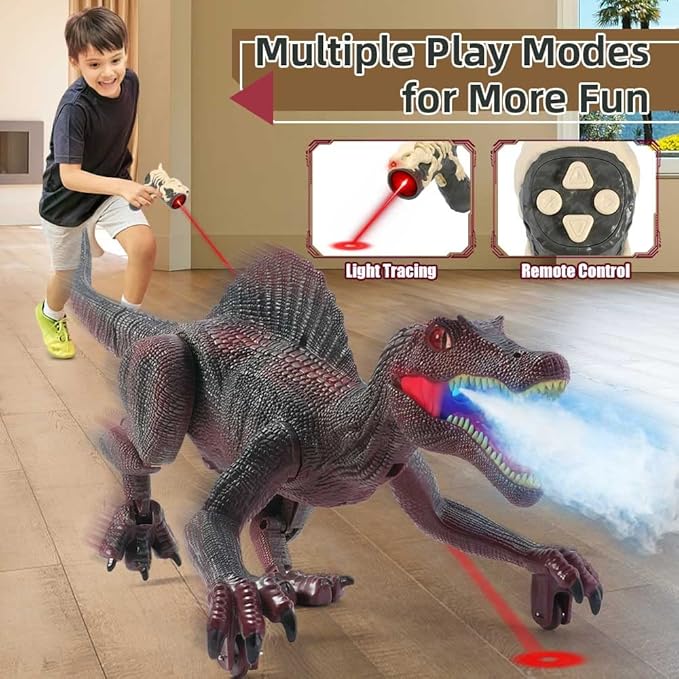 Mini Tudou Remote Control Dinosaur Toys for Kids,Light Tracing RC Jurassic Spinosaurus Toys w/Auto Spray and Realistic Light & Roaring,Walking Robot Dinosaur Toy for Boys Girls 3-5 5-7 8-12