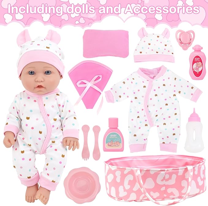 ZITA ELEMENT 12″ Baby Doll Sleeping Basket Set in Gift Box - 13 Piece Soft Baby Doll with Accessories, for Girls Ages 3+