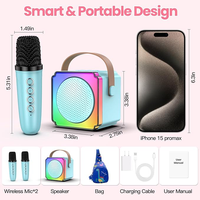 Mini Karaoke Machine, Portable Karaoke Machine with 2 Wireless Microphones, Gifts for Kids, Adults, Girls Boys Birthday Easter Toys, Age 3-12+ Year Olds, Bluetooth Speaker, 1 Bag, for Party (Blue)