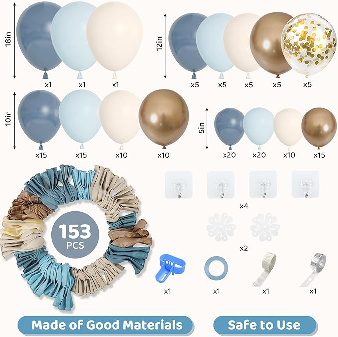 Amandir 153pcs Dusty Blue Balloon Garland Arch Kit, Different Sizes 18 12 10 5 inch Blue White Sand Latex Metallic Confetti Gold Balloons for Boys Birthday Boho Baby Shower Party Decoration Supplies