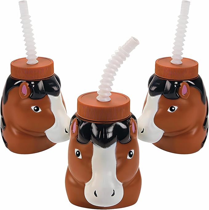 Fun Express Horse Shaped Cups with Lids and Straws 8 Pack - Reusable Plastic Kids Cups for Party Favors | Western Cowgirl Birthday Party Decorations & Supplies | BPA Free 14 oz Drinking Cups