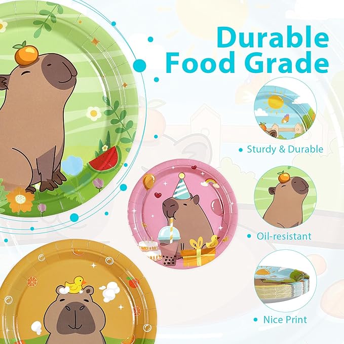 60Pcs Capy Paper Plates 7" Disposable Heavy Duty Cute Cartoon Capibara Dessert Paper Plates Animal Capybaras Themed Tableware Set for Kids Kapybara Birthday Baby Shower Party Decorations