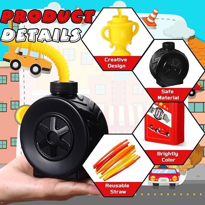 Mifoci 24 Pcs Race Car Cups with Straws Plastic Traffic Tire Shaped Cup Red Race Car Fuel Cups Yellow Trophy Cups Race Car Party Supplies for Racing Car Construction Birthday Party Decoration