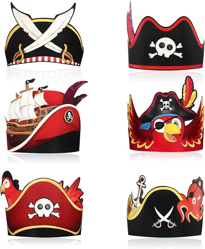 WERNNSAI Pirate Birthday Party Hats - 12 Pcs Birthday Party Supplies Crowns Colorful Paper Party Hats for Pirate Caribbean Cosplay Favors