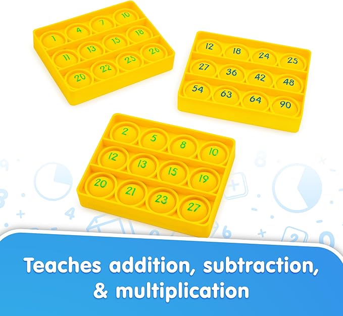 Junior Learning: Math Pop Bingo - Numbers Bubble Grid & Tile Game, Addition-Subtraction-Multiplication, Giant Problem-Solving Silicone Boards, Kids 6+