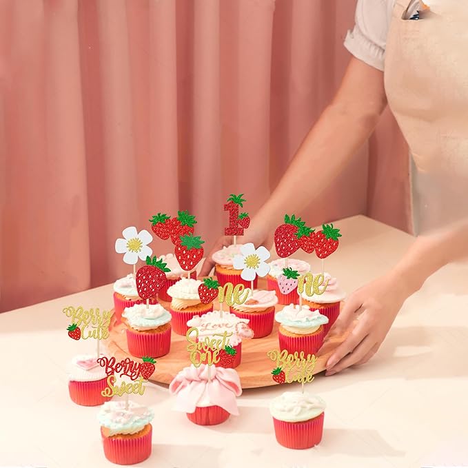 30 PCS Sweet One Strawberry Cupcake Toppers Glitter Sweet Berry 1st Birthday Cupcake Picks Strawberry Birthday Decorations for Baby Shower Kids First Birthday Party Cake Decorations Supplies Gold