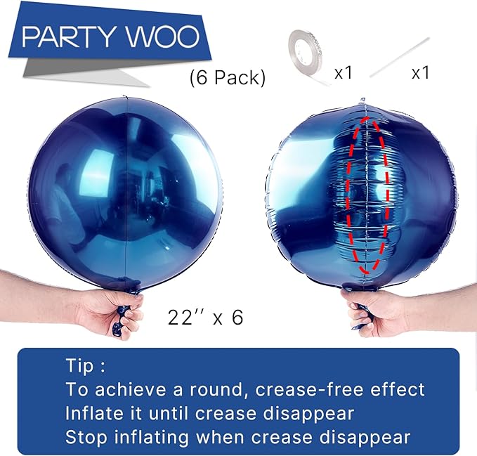 PartyWoo Navy Blue Foil Balloons 6pcs 22 Inch Large Round Foil Big Giant 4D Jumbo Inflatable Mirror Ball Mylar Balloons for Graduation Men Birthday Baby Shower Space Themed Party Decorations