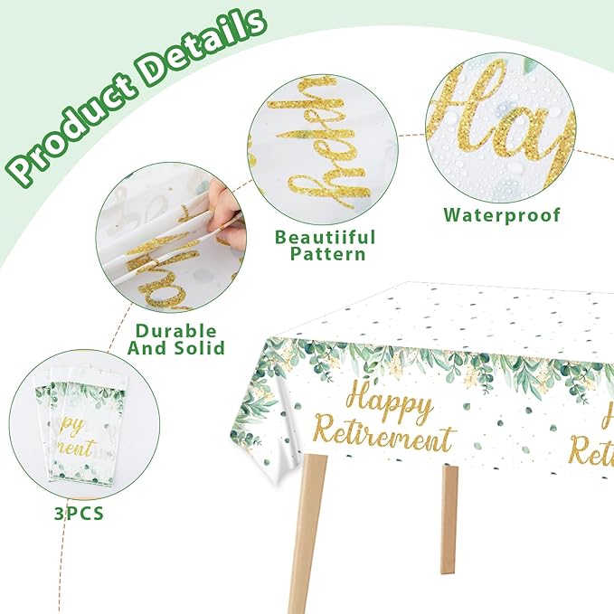 3Pcs Sage Green Retirement Party Supplies Greenery Happy Retirement Party Tablecloths Gold Green Going Away Parties Decorations Table Covers for Men Women Coworker Goodbye Parties Favors 107 x 54 Inch