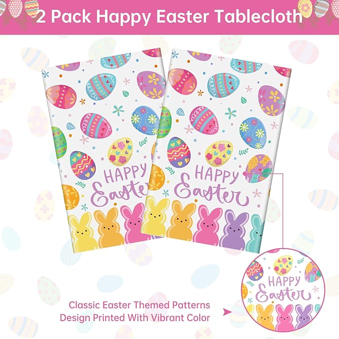 2 Pcs Happy Easter Table Cloth - Plastic Bunny Eggs Tablecloth, Disposable Rectangle Spring Floral Table Cover for Easter Home Dining Kitchen Activity Party Decorations Tables Decor, 108 x 54 Inch