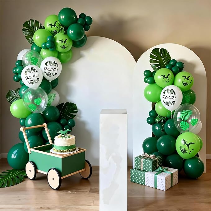 FunHot Dinosaur Balloons, 50 Pcs Dino Printed Balloon, 12 Inch Fruit Green White Latex Balloons, Leaf Printed Transparent Balloon for Boy Baby Shower Birthday Dino Themed Jungle Woodland Party Decor