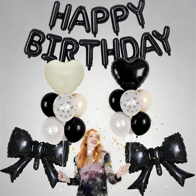 Black White Bow Birthday Decorations Black Sand White Cream Pearl Polka Dot Bows Print Balloon Happy Birthday Banner 38 In Coquette Foil Balloons Heart Balloon for Women Men Bday Party Supplies
