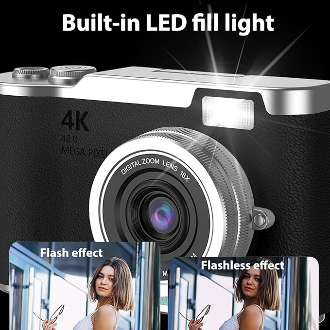 Denash Foldable Screen Kids and Beginners Camera,4K Digital Camera for Photography,48MP Digital Foldable Support 16X Zoom with Flip Scree (Black)