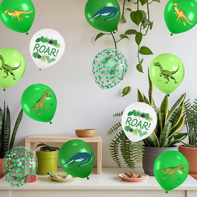Dinosaur Balloons, 12 Inch Dark Fruit Light Green White Dinosaur Printed Latex Balloons for Boy Dino Birthday Party Decorations Jungle Baby Shower Safari Backdrop