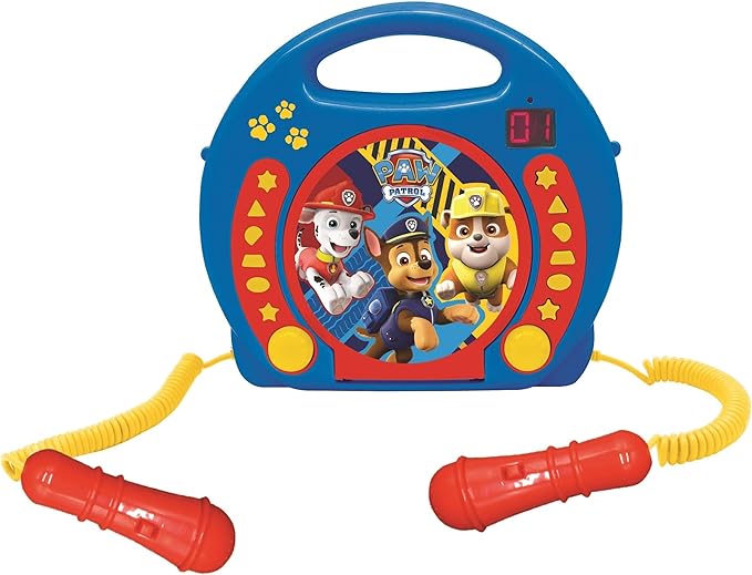 Lexibook Paw Patrol Chase Marshall, Karaoke CD Player with 2 Microphones, Programming Function, Headphones Jack, for Kids, with Power Supply or Batteries, Blue/Red, RCDK100PA