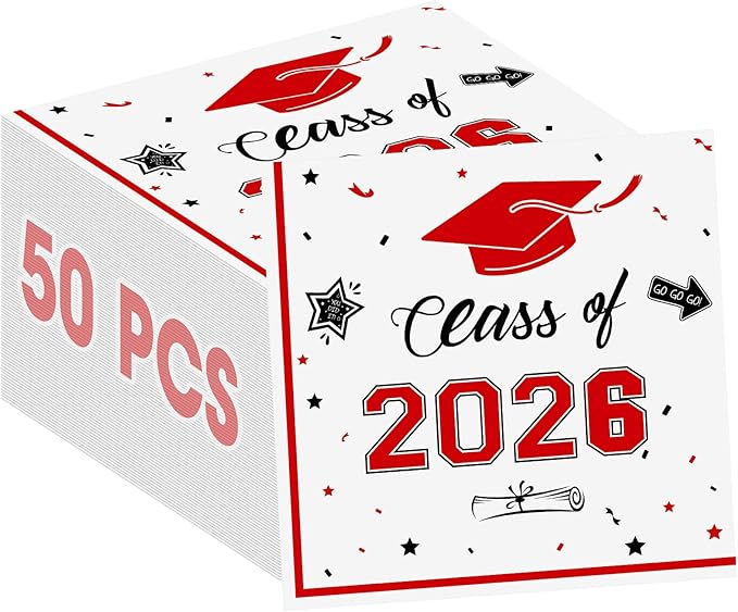 50 Pcs Graduation Napkins Decorations - Red Class of 2026 Congrats GRAD 3-Ply Paper Cocktail Dinner Napkins Set for 2026 Graduation Party Supplies Table Decor Favors, 6.5 x 6.5 Inch