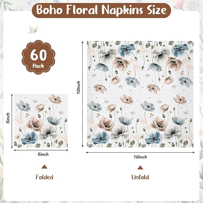 100 Pcs Floral Paper Napkins,Watercolor Boho Floral Napkins Disposable Cocktail Napkins Decorative Beverage Napkin for Wedding, Bridal Shower, Birthday