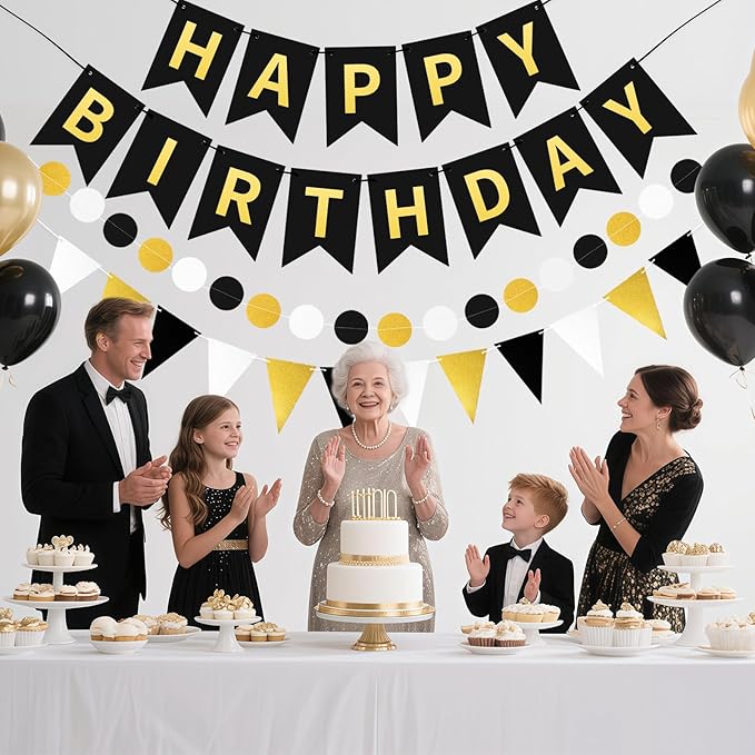 Black Gold Happy Birthday Banner, Happy Birthday Decorations Hanging Birthday Sign Circle Dot Triangle Bunting for Women Men Girl Boy Party Supplies