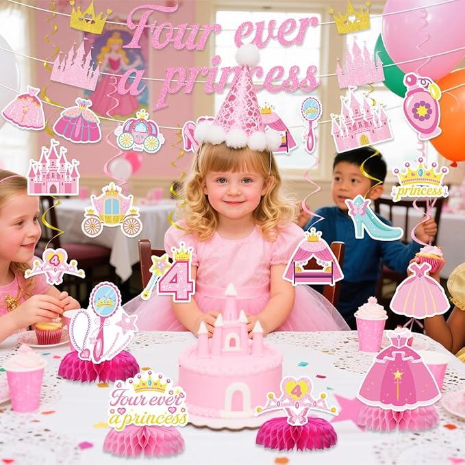Princess 4th Birthday Party Decorations for Girls Include Four Ever a Princess Glitter Banners Hanging Swirls Honeycomb Centerpieces Pink Fourever Theme 4 Years Old Birthday Party Supplies