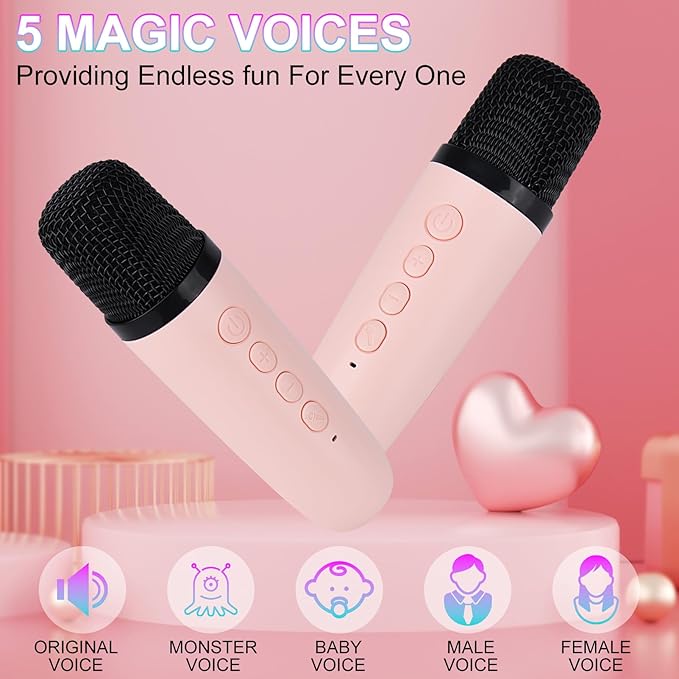 Karaoke Machine for Kids Adults, Mini Portable Bluetooth Karaoke Speaker with 2 Wireless Microphone and Lights,Toys for All Smartphones,Birthday, Family,Home Party Pink