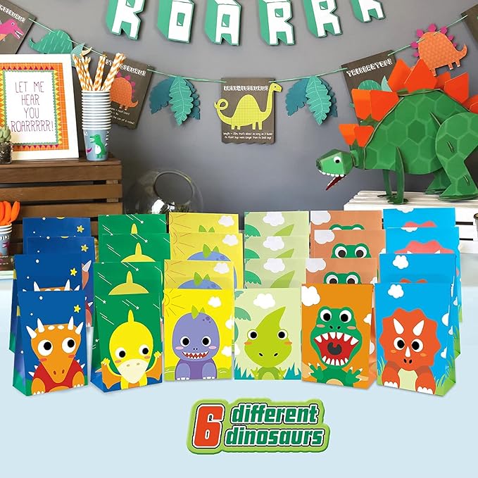 Mocoosy 24Pcs Dinosaur Party Favor Bags, Kids Goodie Bags for Birthday Favor Supplies, Dinosaur Candy Treat Bags Small Paper Gift Wrap Bags for Dinosaur Theme Birthday Party Baby Shower Decorations