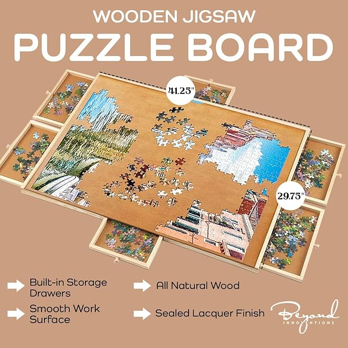 2000 Piece Wooden Jigsaw Puzzle Board -6 Drawers, Rotating Puzzle Table | 41.5” X 30” Jigsaw Puzzle Table | Cover Included - for Adults and Kids by Beyond Innoventions