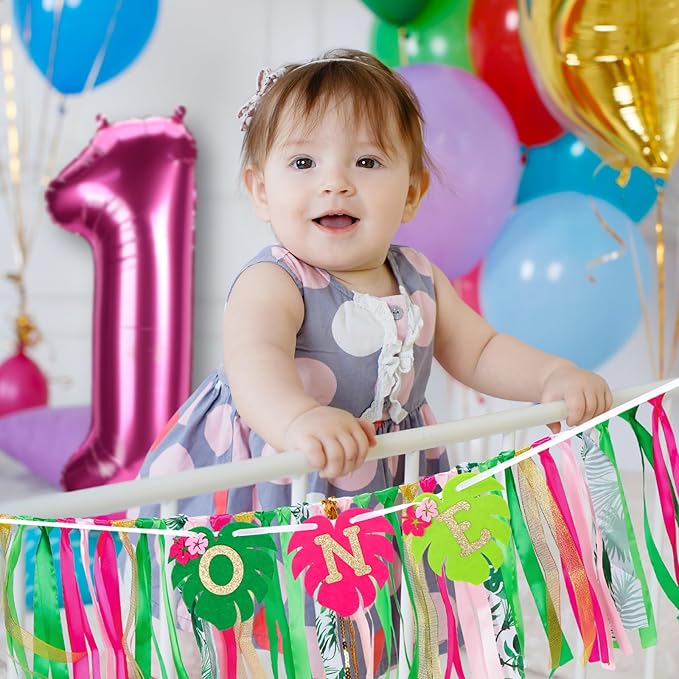Hawaiian Aloha High Chair Banner for 1st Birthday Party Decoration Tropical Hawaiian Luau One High Chair Tassel Garland Banner for Girls Baby Shower Moana 1st Birthday Party Backdrop Decoration