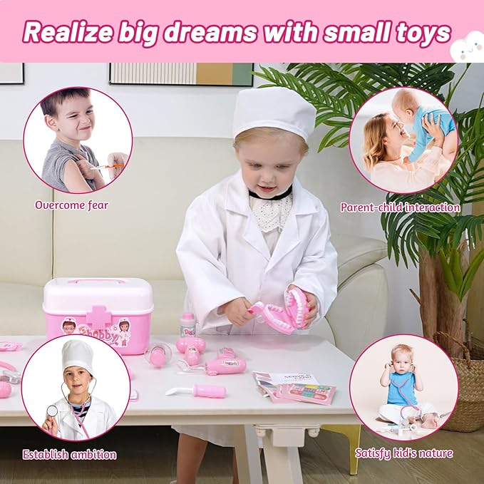 Durable Doctor Kit for Kids, 27 Pcs Deluxe Pretend Play Set Medical Toy with Real Stethoscope for Toddlers Boys Girls Birthday Gift Aged 3 4 5 6 7 8(Pink)