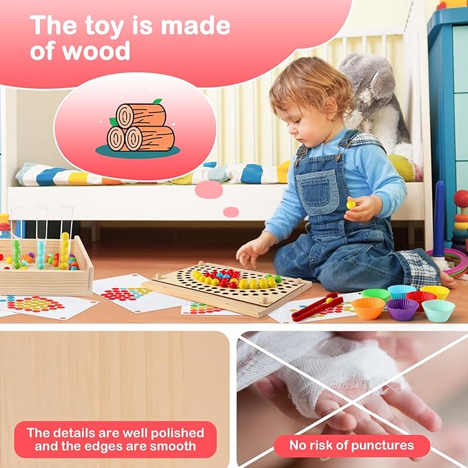 Montessori Toddler Learning Sorting Toys for 3-6 Year Olds - Rainbow Stacking, Number & Bead Matching Games with Wooden Peg Board, Develop Fine Motor Skills, Color & Math Skills