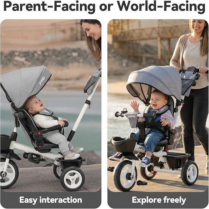 JMMD 7 in 1 Tricycle Stroller with Push Handle, Baby Trike with 360° Swivel Seat, Reclining Backrest, All-Terrain Wheels, Dual Brakes, Canopy & Storage, Gift for Kids 18 Months to 5 Years, Gray