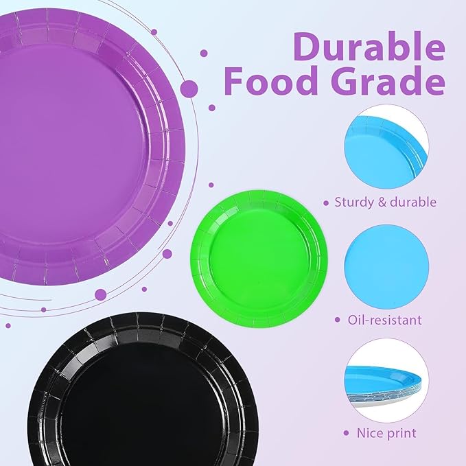 Grencian 60Pcs Video Game Party Paper Plates 9" Green and Purple Party Plates Purple Black Blue Green Dessert Platters for Video Games Theme Kids Gamer Birthday Monsters Theme Party Decorations