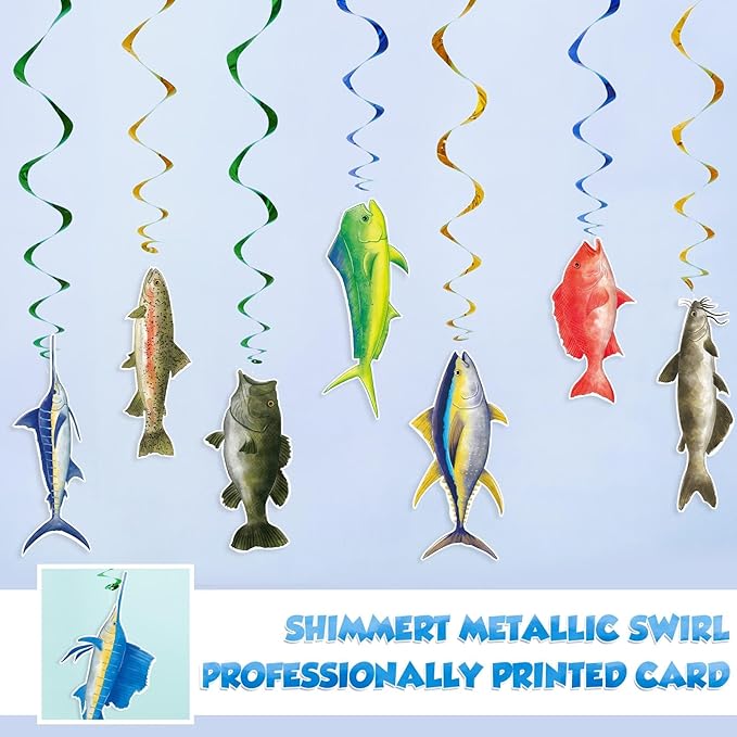 Watercolor Gone Fishing Hanging Swirls Party Supplies - 18PCS Tropical Fishing Banner Ceiling Streamers Decorations Under the Sea Hanging Streamers Decor for Baby Shower Boys Birthday Party