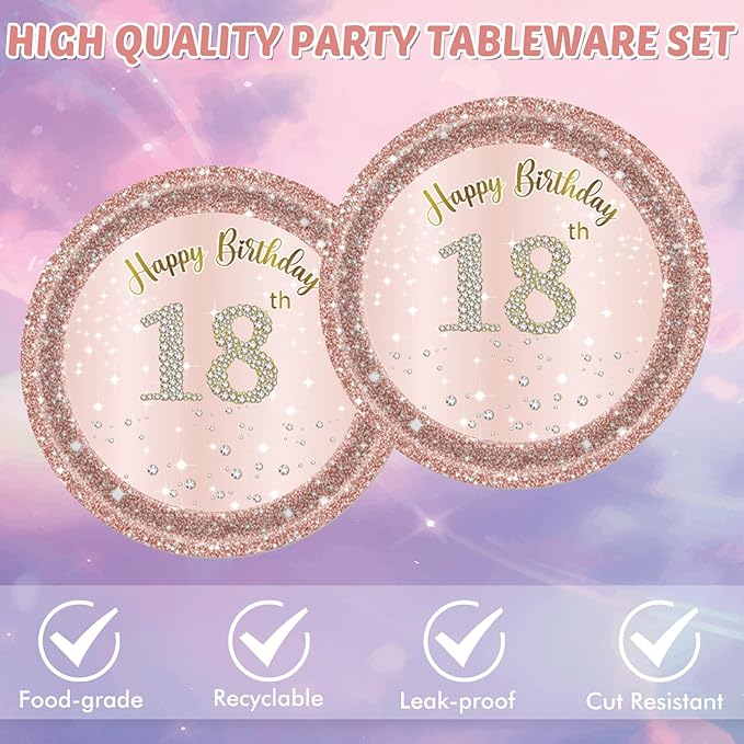 40PCS 18th Birthday Decorations for Girls Rose Gold Birthday Party Decorations Supplies Included Paper Plates and Napkins Happy 18 Years Birthday Party Tableware Set for 24 Guests