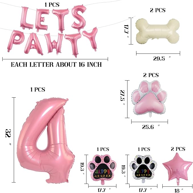 4th Dog Balloons 18pcs Lets Pawty Balloons Dog Paw Birthday Decor Pink 32 inch Pink Number Balloons 4 Mylar Foil Balloons for Lets Pawty Birthday Decorations Dog 4th Birthday Party Supplies