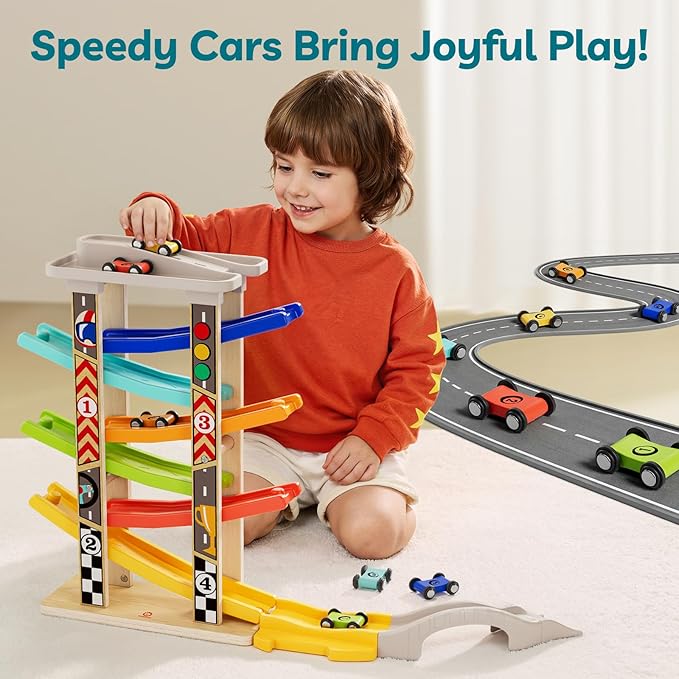 TOP Bright Wooden Race Track Car Ramp Toys for Toddlers 1-3 Years Old with 6 Mini Cars, 1 Car Garage & Extra Bridges, Toddler Montessori Toys for 1 Year Old Boys Girls Birthday