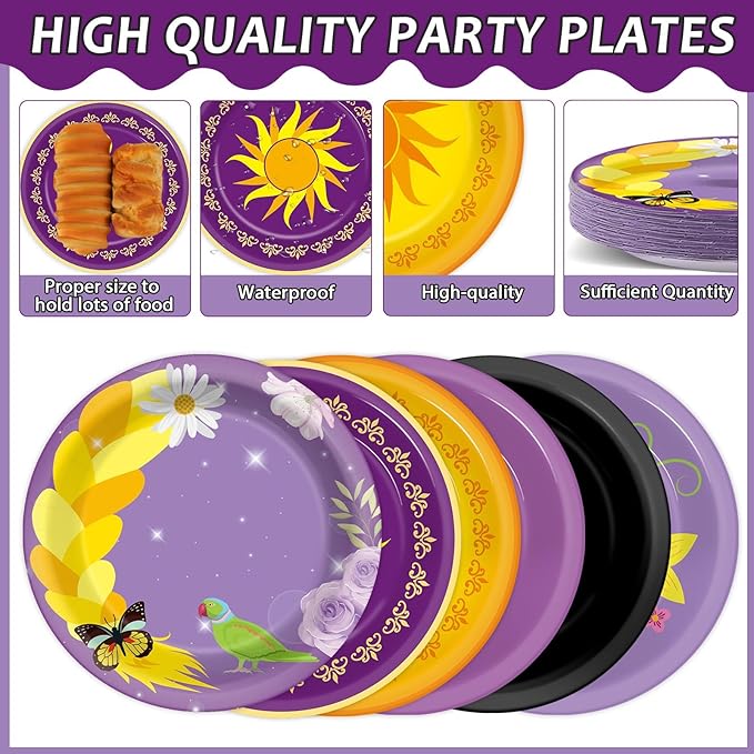 48Pcs Purple Sun Paper Plates Purple Princess Birthday Party Decorations 7 Inch Princess Sun Floral Pan Hair Dessert Plates Disposable Tableware Set for Baby Shower Wedding Party Supplies