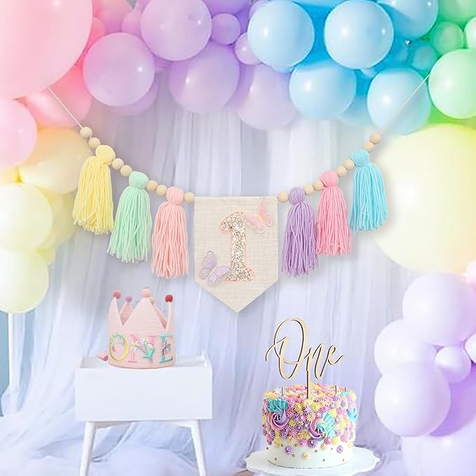 Macaron Butterfly High chair Banner Wood Bead Tassel Garland Crown Hat Wooden Cake Topper Birthday Party Decorations